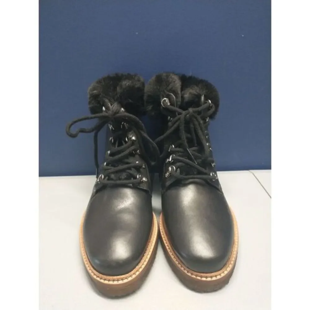 Botkier Mocha Winter Boots Women Size 7.5 Black Genuine Leather Fur Trim Lace Up